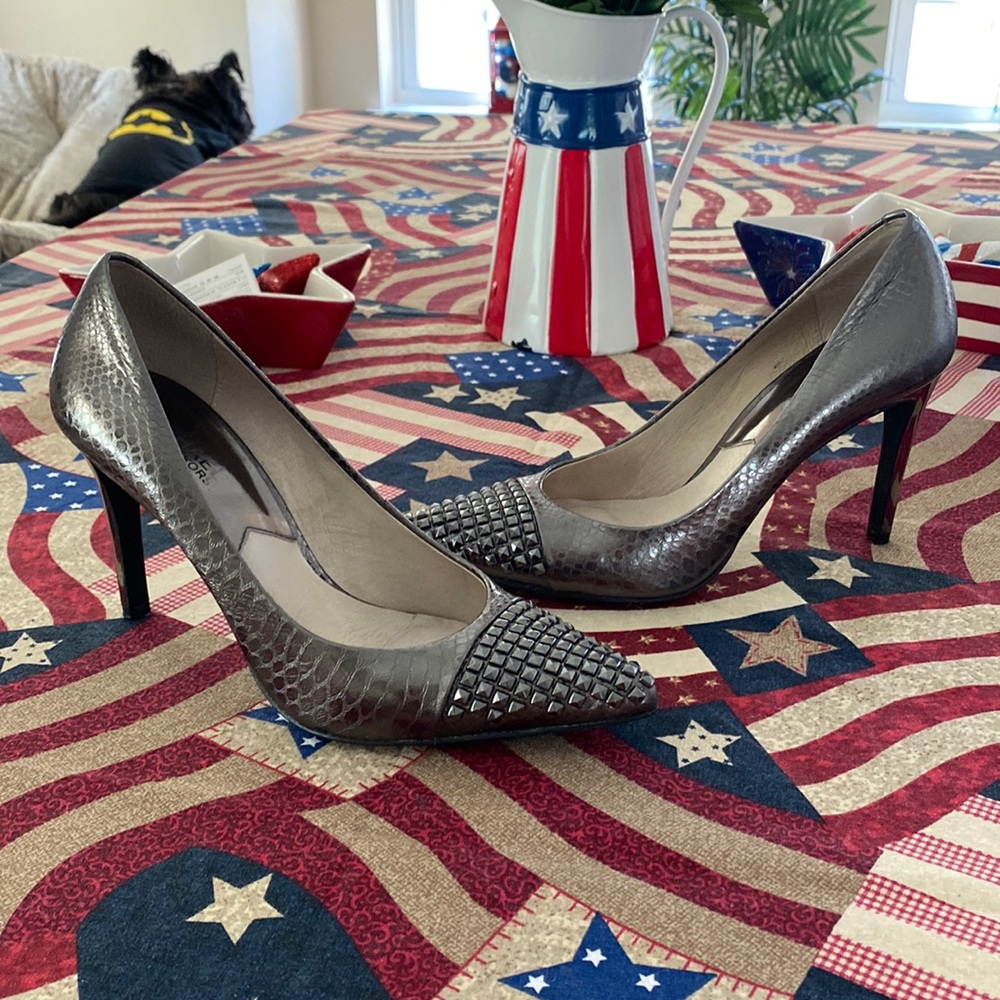 Worn once Michael Kors Aria Glitter pump. Gunmetal snakeskin with metal accents.